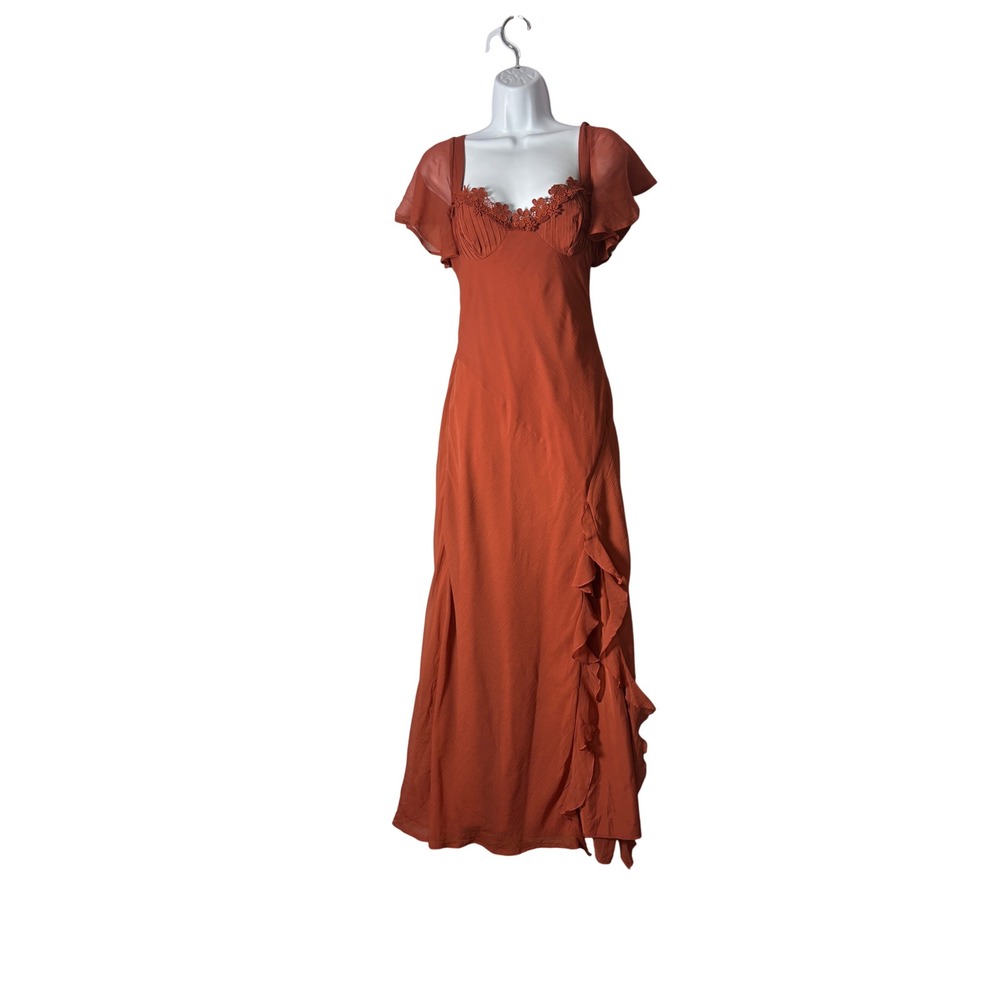 ASOS DESIGN Maxi Dress 6 Rust Orange Lace Ruffle Cutout Back Romantic Boho
